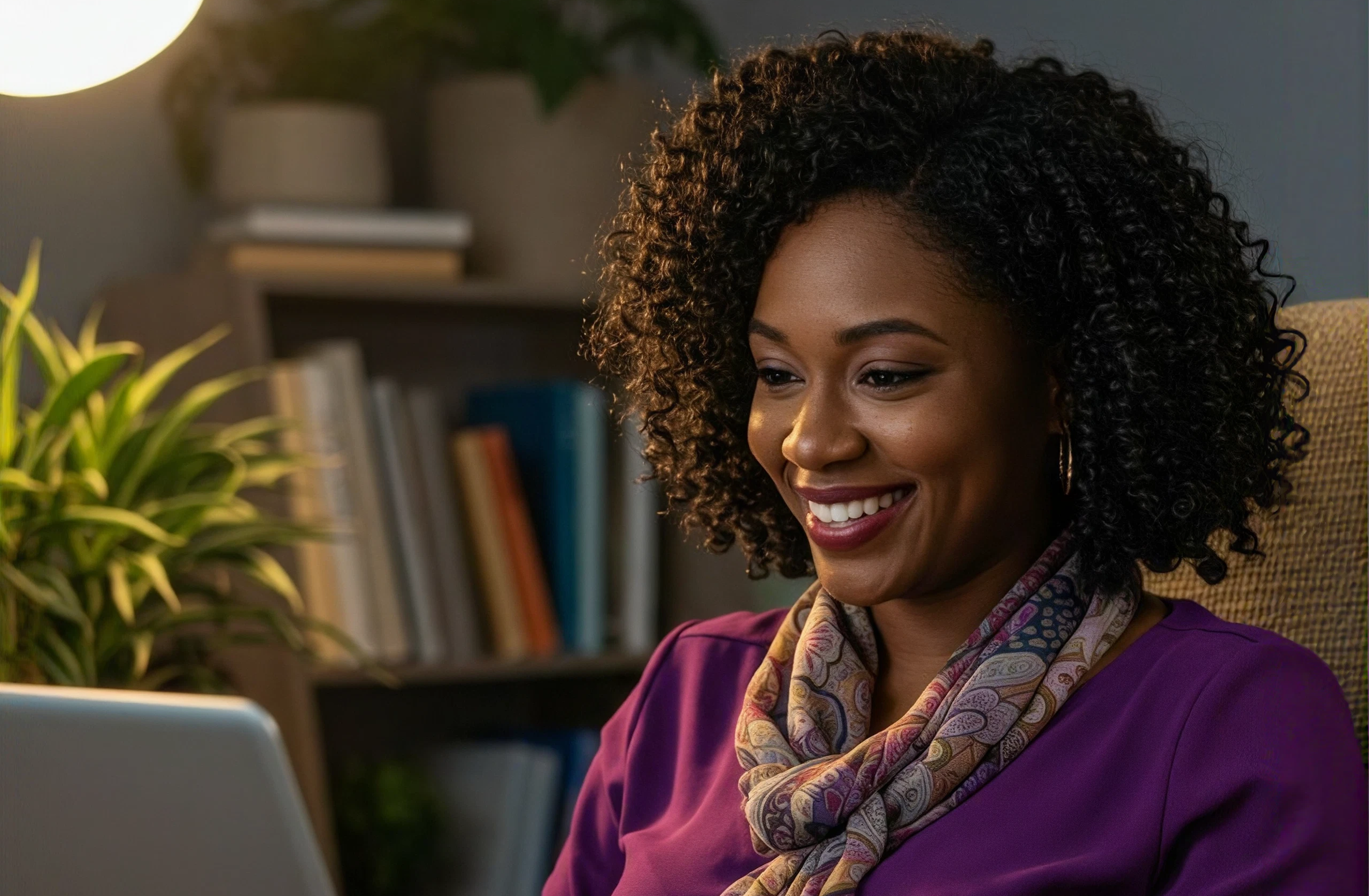 Customer smiling at her laptop after receiving a bank transfer