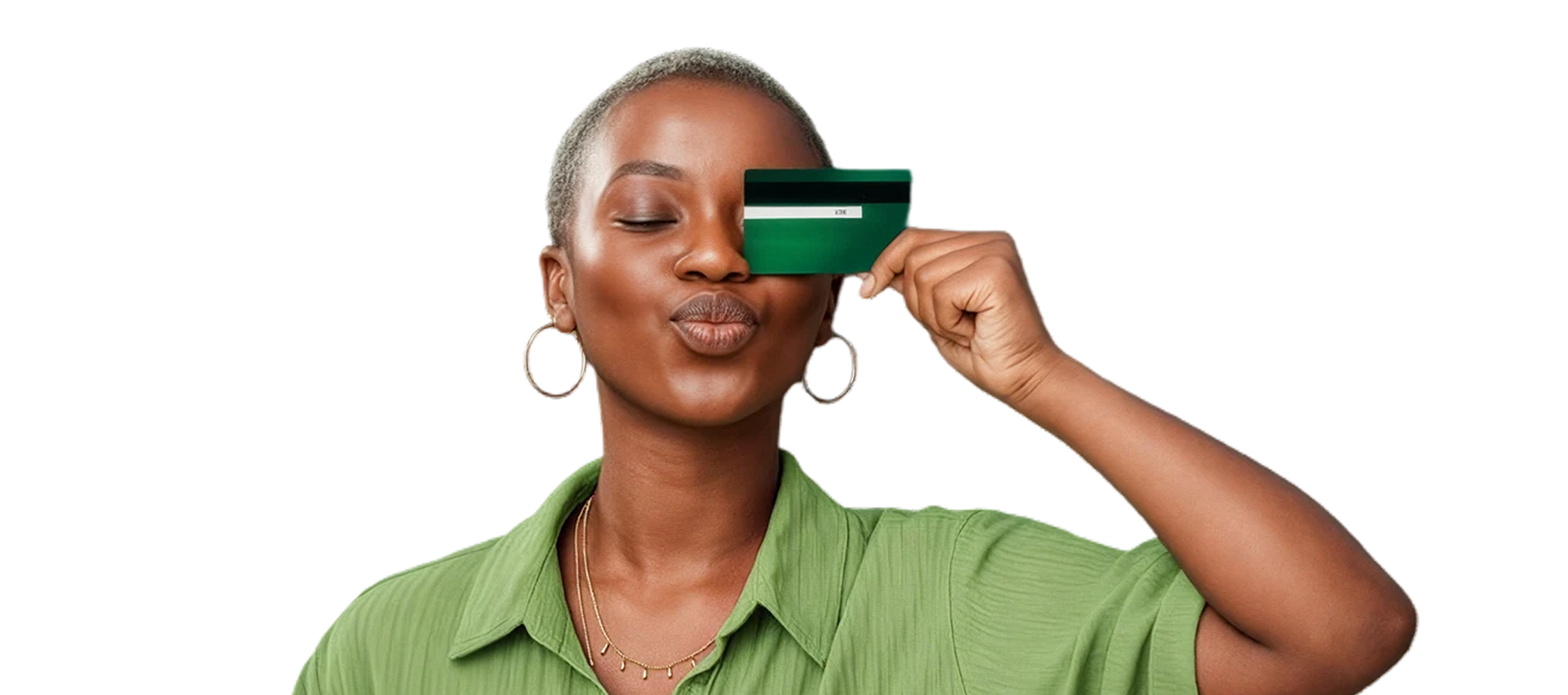 Woman holding a Volboo card over her eye